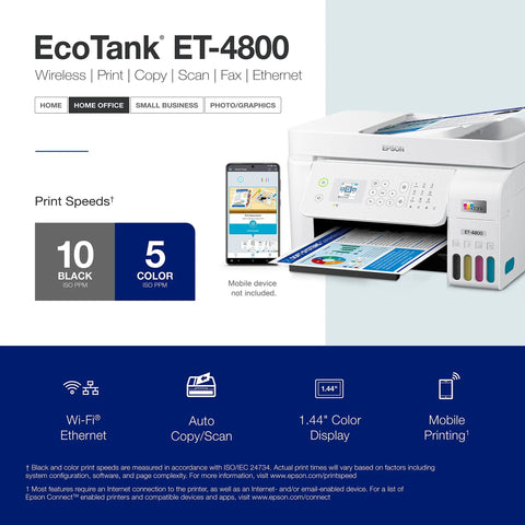 EcoTank All-In-One Printer With Cartridge-Free Ink, Wireless Connectivity, Scanner, Copier, Fax, Automatic Document Feeder, And Ethernet, Large Ink Tanks With EcoFit Bottles, Easy Filling, Great For Home Office, White, side view with display and open tray, phone not included