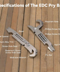 Titanium EDC Pry Bar Multitool All In One with Bottle Opener, Pocket Clip, Wrenches, Box Opener, Keychain Screwdriver details shown