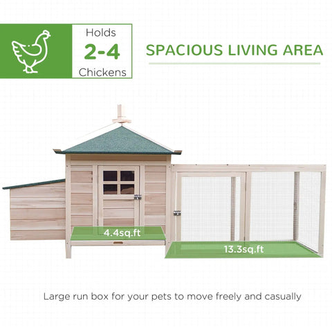 No Sweat Wooden Chicken Coop With Hinged Nesting Box And Removable Egg Tray Featuring Asphalt Roof Fir Wood Walls And Screened Ventilation Setup For Your Backyard Flocks, spacious run area for 2-4 chickens.