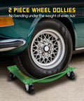 Heavy Duty Wheel Dolly Set Two Pack Rolling Tow Skates For Cars Trucks And Suvs With Tough As Nails Steel Build Anti Grip Side Rails And Sturdy Carry Handles For Big Rig Garage Moves under truck tire on green dolly.
