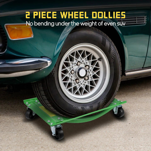 Heavy Duty Wheel Dolly Set Two Pack Rolling Tow Skates For Cars Trucks And Suvs With Tough As Nails Steel Build Anti Grip Side Rails And Sturdy Carry Handles For Big Rig Garage Moves under truck tire on green dolly.