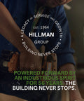 Person using a power drill, wearing a blue shirt, with text overlay 'Hillman Group: A Legacy of Service Since 1964.'