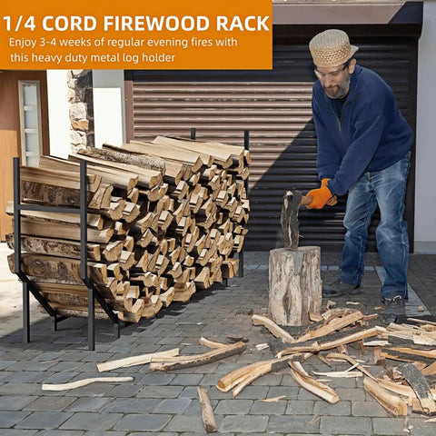 Man chopping wood next to Six Foot Outdoor Firewood Rack Heavy Duty Metal Wood Holder Built For Up To 880 Lbs One Quarter Cord.