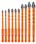 Front view of 10 orange carbide-tipped masonry drill bits, sizes 3/16 to 1/2 in