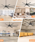 96 Inch Beefy Industrial Ceiling Fan No Light With 8 Blades Remote And App Control DC Motor 3CCT Black For Garage Shop Warehouse Outdoor Use