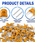 Sweet Ceramic Capacitor Assortment Kit Featuring Ten Darn Reliable Microfarad Values showcasing various capacitors with silver leads.