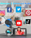 4K Video Camcorder For YouTube Vlogging, 36MP Photos, 18x Digital Zoom, webcam feature and social media icons