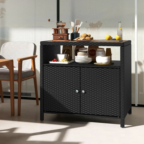 Outdoor Wicker Bar Cabinet With PE Rattan Construction, Durable Acacia Wood Countertop, Open Shelf And Two Doors, Buffet Sideboard Organizer For Garden, Backyard, Poolside Or Patio Storage, Black Finish For Easy Setup