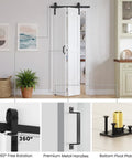30 By 84 Inch White Bifold Barn Doors With Slick Hardware Kit For Smooth Interior Closet Glides showcasing 360° rotation features.