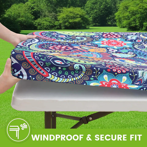 Fitted Spandex Tablecloth For 6 Foot Rectangle Tables With Elastic Edge, Wrinkle Free, Paisley Pattern, outdoor setup