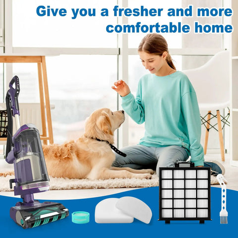 PowerDetect Vacuum Filter Kit Replacement components next to vacuum and pet, showing ease of home use and fresh air benefits.