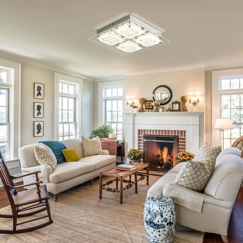 Living room with LED Crystal Flush Mount Ceiling Light Dimmable Glass Fixture Dope Look For Kitchen Island Hallway Bedroom And Bathroom Modern Square