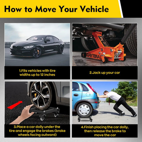 How to use Heavy Duty Car Dolly Set Of Four Rock Solid 6000 Lbs Wheel Dollies with illustrations and steps for moving vehicles.