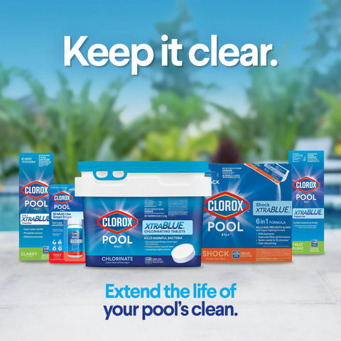 Swimming Pool Algaecide Clarifier Heavy Duty Solution Crushes Stubborn Algae For Good While Sweeping Out Gunk To Keep Your Water Crisp Clear As Glass In A 128 Oz Container, Clorox pool cleaning products in a bright landscape.