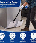 Heavy Duty Furniture Sliders For Moving Appliances Includes Reinforced Pull Straps and Protective Work Gloves under a fridge on concrete floor.