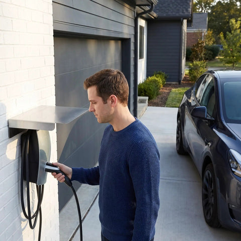 Man using Heavy Duty EV Charger Protector Stainless Steel Weatherproof Enclosure for outdoor EV charging.