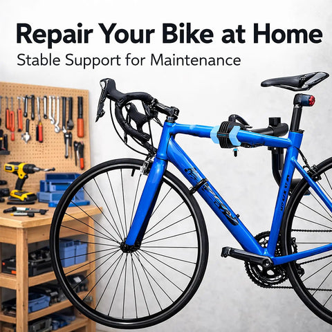 Bike Repair Stand For Home Mechanics And Gearheads Space Saving Bicycle Work Stand Holds Up To 44 Lbs Adjustable Non Damaging Clamp Fits 1.2 To 2.5 Inch Tubes Soft Silicone Grip Protects Finish showing a bike secured in a blue repair stand in a workshop.