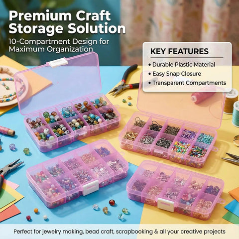 Stackable Storage Box Set For Home Office And Workshop Grab And Go 15 Grid Desktop Organizer with beads and crafts inside.