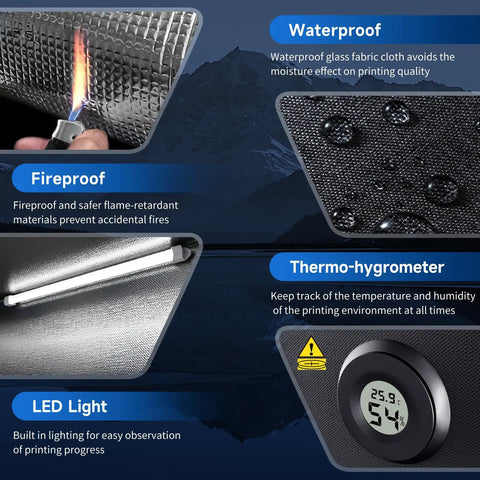 Top Notch 3D Printer Enclosure For Creality Ender 3 showing waterproof material features, LED light, and thermo-hygrometer display.