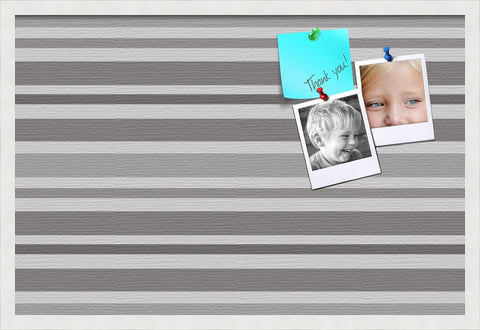 Custom Printed Canvas Bulletin Board With Graphite Grey Bold Stripe Design, 30 By 20 Inches, Framed In Satin White Frame, with pinned photos and notes.
