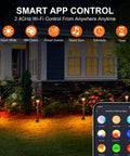 Lit 200LM Smart Outdoor Pathway Lights illuminate garden with app control, showing warm white and RGB colors in night setting.