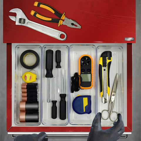 Clear Drawer Organizer Set Four Piece Modular Bins For Office Home Makeup Kitchen And Junk Drawer Storage Crystal Clear Plastic Durable And Stackable For Easy Access Boss Level Neat Drawers filled with tools and tape in a red drawer.