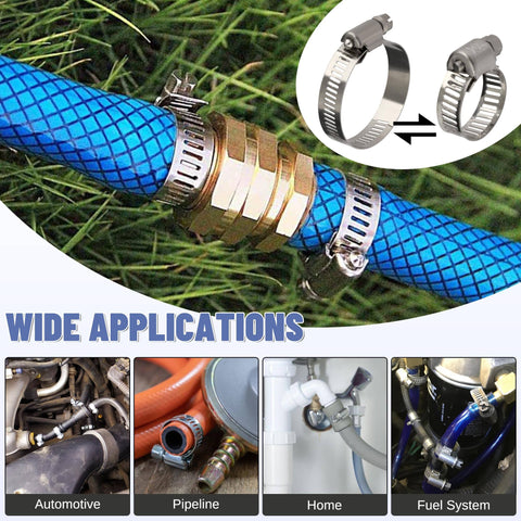 Beefy 130 Piece Hose Clamp Kit With 304 Stainless Steel Adjustable Worm Gear Clamps From One Quarter To One And A Half Inch Six To Thirty Eight mm in use for plumbing and automotive applications.