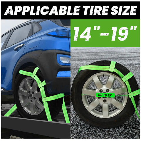 Tow Dolly Basket Harness 2 Pack, Heavy Duty Tire Net Cover Fits 14 To 19 Inch Rims, showing secured tire with green straps.