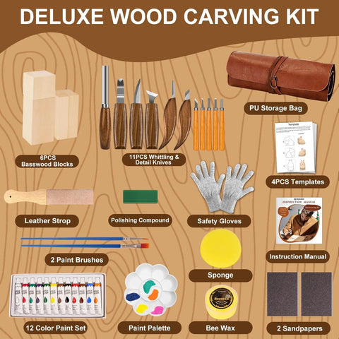 Starter Friendly Deluxe 46 Piece Wood Carving Kit With 6 Whittling Knives 5 Detail Knives 12 Color Paint Set Beewax 6 Basswood Blocks