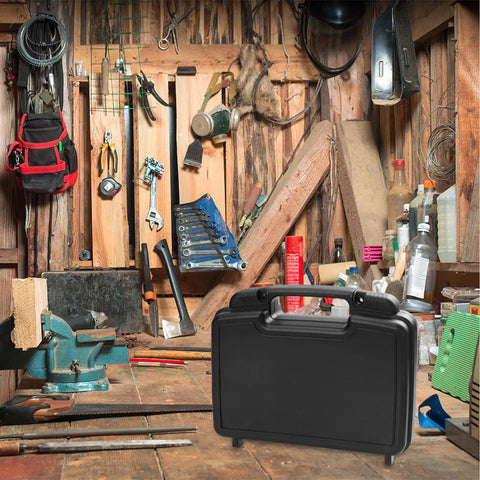 Tough As Nails Plastic Toolbox With Reinforced Carry Handles For Home Repairs And Power Tool Storage Organizer Bin Crafted Snappy For Weekend Warriors And Trade Pros on workbench.