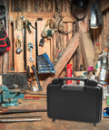 Badass Plastic Toolbox Portable Tool Case With Detachable Storage Tray And Super Grippy Handle in a workshop setting.
