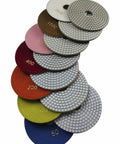 7 Inch Wet Diamond Polishing Pad Set, 7 Pieces, Grit 50 to 3000, Velcro Backed, Pro Grade Resin Bonded Pads stacked overlapping