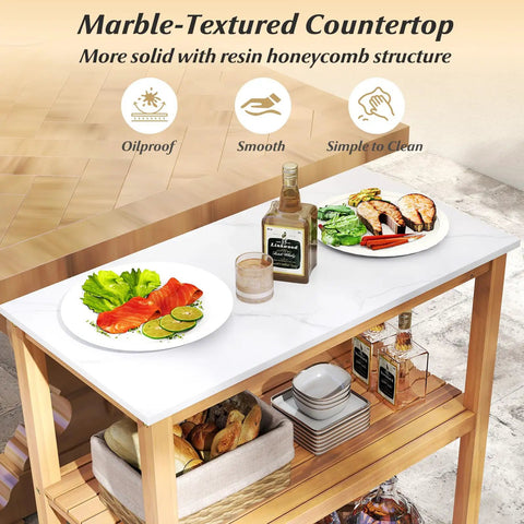 Outdoor Wooden Sideboard With Marble Look Countertop And Three Tier Acacia Buffet Organizer for patio entertaining.