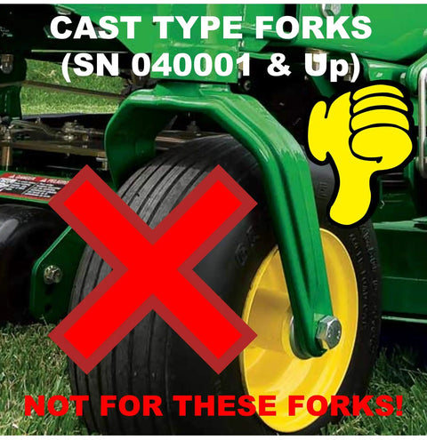 JD8935 JD8253 Fork Caster Bearing Kit With Hella Tough Spring Loaded Seal and E14625 shown on incompatible cast type forks.