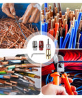 Badass Multifunction Electric Wire Stripper And Crimper Tool Kit Featuring Heat Resistant Aluminum Alloy Construction For Fast Wire Prep Work And Surefire Terminal Crimps, assorted wire types and tools.