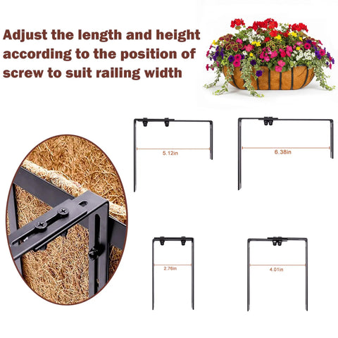 Adjustable heavy duty metal frame for 24 inch railing planter boxes, showing various length settings for installation.