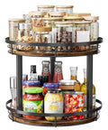 Top Tier Heavy Duty Rustic Lazy Susan Turntable With Smooth Spin Rotating Spice Rack And Reinforced Metal Frame Sturdy Pantry Seasoning Organizer For Kitchen Cabinet Setup filled with jars and bottles.
