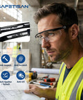 Tough As Nails Clear Safety Glasses Heavy Duty Bulk Pack Featuring Adjustable Temples And Side Shields Ansi Z87 Rated Impact Proof Protective Eyewear For Job Site And Lab Setup worn by a worker reviewing plans.