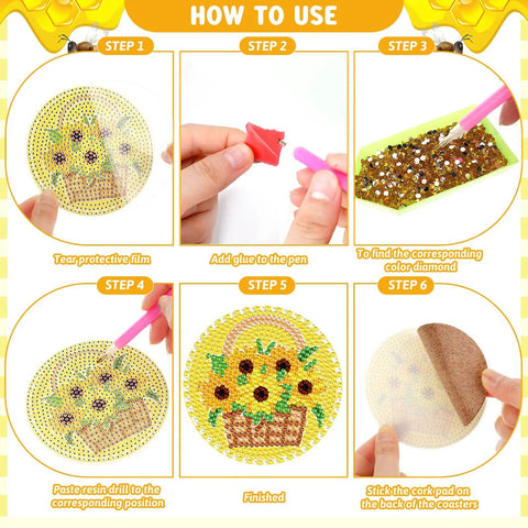 Bee Themed Diamond Painting Coasters Kit With Holder Eight Pattern Coasters Featuring Bee Gnome And Sunflower Designs For Adults DIY Craft Gift Supplies Drill Pen Diamond Tray And Glue Included how-to use step-by-step instructions