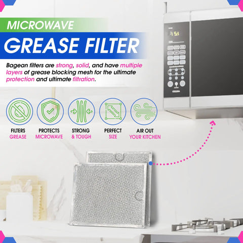Over The Range Microwave Vent Filter Replacement 9 X 7.72 Inch Aluminum Mesh Grease Screen Hood Vent Filter 2 Pack Traps Grease And Odors While Keeping Airflow Strong displayed beside a modern kitchen microwave.
