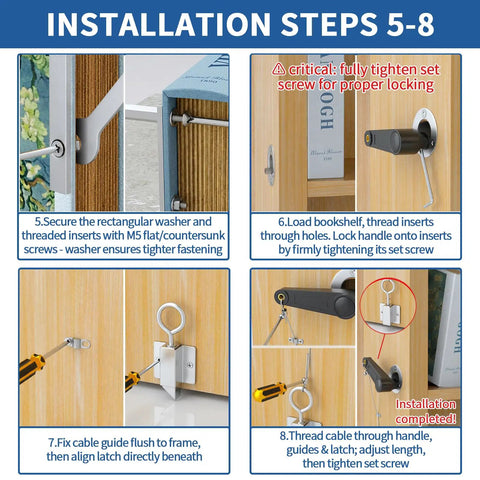 Installation steps 5-8 for Heavy Duty Hidden Door Book Latch Featuring Slick Concealed Bookshelf Catch For Seamless Safe Room Upgrade And Smooth Operator DIY Stealth Lock Set.