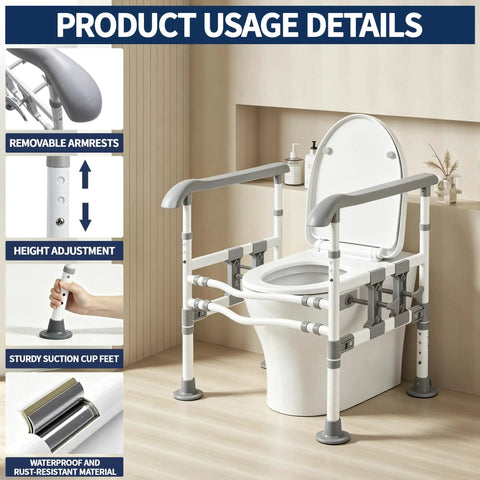 Rock Solid Toilet Safety Rails For Seniors With Heavy Duty 500 Lbs Capacity And No Sweat Drill Free Setup For Easy Bathroom Assist And Senior Trusted Elderly Support Frames, featuring adjustable height and removable armrests.