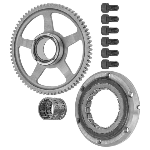 Top Shelf Starter Clutch One Way Bearing Sprag Assembly with Knockout Gear Idler and Needle Bearing Fits Honda TRX400EX Sportrax 400 Quick Fix 1999 to 2008 gear, idler, and bearing set arrangement.