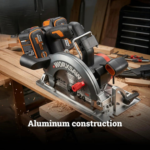 Heavy Duty Cordless Circular Saw Brings Knockout Forty Volt Power Backed By An Exact Seven One Fourth Inch Blade with aluminum construction.