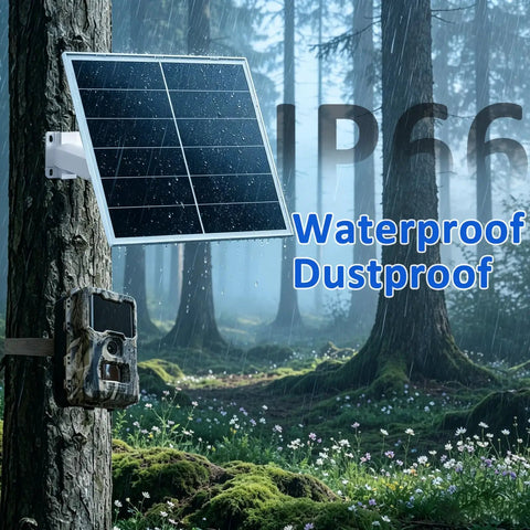 Dual Pack 20W Solar Panel For 12 Volt Trail And Security Cameras featuring waterproof design mounted on a tree.
