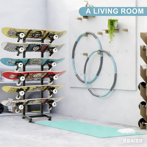 Heavy Duty 6 Layer Skateboard Floor Stand And Wall Mount Rack To Park Longboard Cruiser And Mini Deck Plus Snowboard Storage Rack Shop Grade, storing six skateboards in a living room.