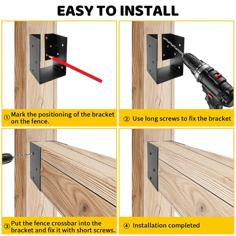 Four steps showing installation of Concealed Joist Hanger Brackets For 3.5 Inch By 5.5 Inch Wood Beams Beefy Heavy Duty U Shaped Steel Brackets.