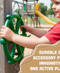 Kickstart Your Yard Adventure With This Solid 12 Inch Green Pirate Wheel Playground Gear, shown mounted for kids to play.