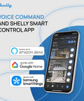 Mobile screen showing Shelly Smart Control App compatible with Amazon Alexa, Google Home, Samsung SmartThings.