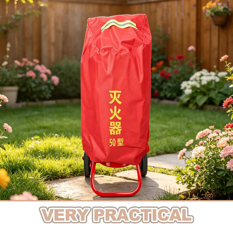 Tough as Nails Heavy Duty Fire Extinguisher Cover Waterproof Hydrant Sleeve for Outdoor Home Use All Season Weather Protection Insulated and Rain Resistant Easy Install and Secure Fit on a cart in a garden.